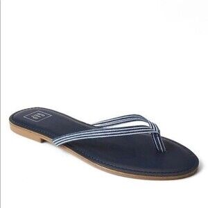 GAP Flip Flops Navy Leather Railroad Stripe Fabric Strap Thong Sandals
